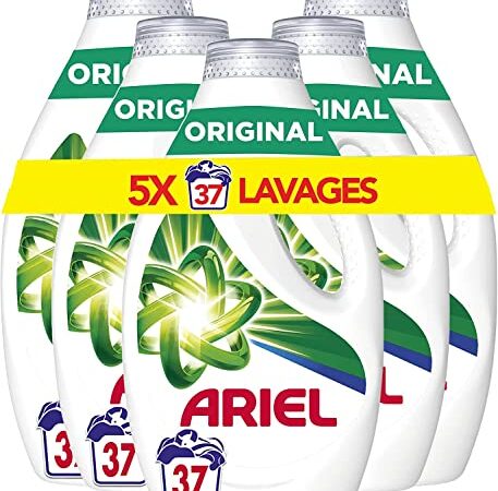 Ariel Lessive Liquide Lessive, 5x37 Lavages, Original, Élimination impeccable des taches en 1 seul lavage même à basse température, avec la technologie COOL CLEAN