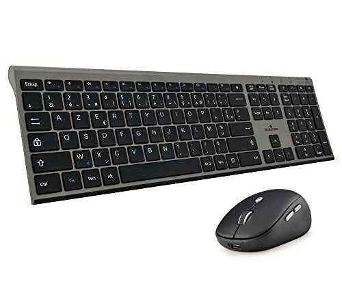 BlueStork- Pack Clavier et Souris sans Fil Grapheme - Wireless avec Smart Dongle - Clics Silencieux - Design Ultra Slim - Ergonomique - Rechargeable - Gris - AZERTY FR