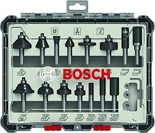 Bosch Professional 15 pièces Kit de Fraises Mixtes (pour Bois, Ø 8 mm Queue, Accessoires pour Défonceuses Portatives, Affleureuses)