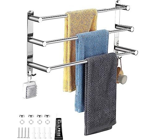 DAGORD Porte Serviette Murale 3 Barres Porte-Serviettes Telescopique 43-75cm Porte Serviette en Acier Inoxydable Support Serviette Salle de Bain avec Crochets - 2 Méthodes d'Installation - Argent