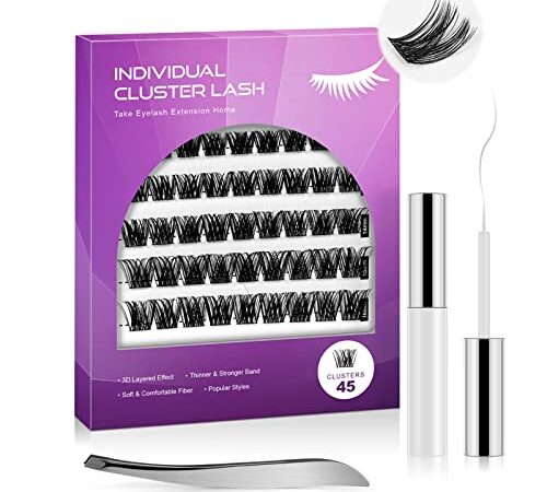 Extension Cils DIY, 45 Pcs Faux Cils 10-16mm, Kit de Extension Cils 3D Naturels avec Colle à Cils et Pince à Épiler, Cils Naturels Doux Faits à la Main (A03)