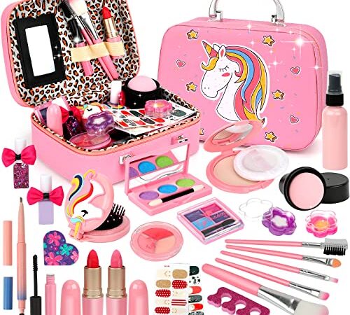 Flybay Maquillage Enfant Jouet Fille, Malette Maquillage Enfant Fille Jouet, Lavable et Non Toxique, Coffret Maquillage Enfant Fille, Cadeau de Noël Anniversaire Halloween pour Fille 3 4 5 6 7 8+ Ans