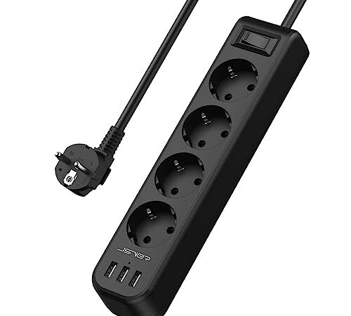 JSVER Multiprise USB 4 Prises avec 3 Ports USB Chargeur de Voyage (5V2,4A/12W) Multiprises Electrique avec Cable 1,5m pour Smartphone, Maison, Bureau-Noir