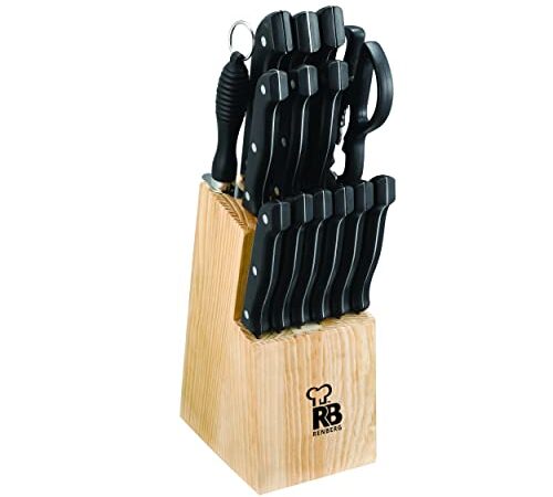 Renberg Tenessy | Couteaux de Cuisine | Set Complet de 15 pièces avec Support en Bois | Parfait pour Couper Tous Types d'ingrédients | Cuisine Professionnelle | en Acier Inoxydable