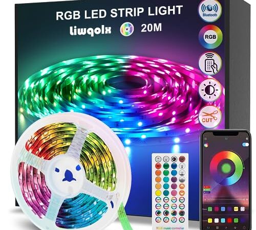 Ruban LED 20m, RGB Bande LED Bluetooth Smart App Contrôle, Multicolore Ruban Led avec Télécommande, Changement de Couleur avec la Musique, pour Chambre, Fête, Cuisine