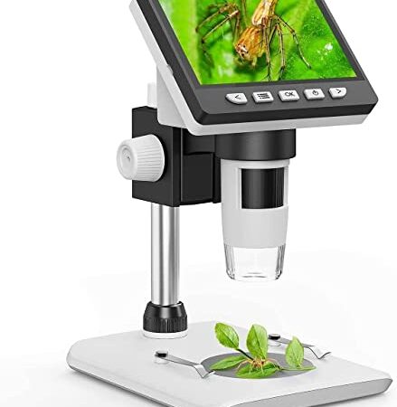 SKYBASIC Microscope Numérique LCD 4,3 Pouces, Microscope de Grossissement 50X-1000X, HD 1080P 2.0 Mégapixels, Microscope Innovant avec 8 LED Réglable et Batterie Rechargeable de 2600 mAh