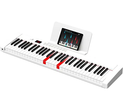 TERENCE Piano Numérique 61 Touches semi-lestées avec Batterie de 1750mAh et interface MIDI avec Touches Lumineuses support de partitions Bluetooth Sacs pour Clavier Câble audio Casque Blanc
