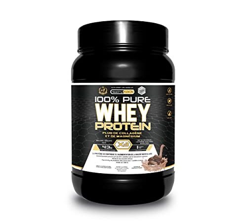 Whey Protein pure avec collagène + magnésium | Tonifie et augmente la masse musculaire | Protège les muscles et aide à la récupération des tissus fibreux | 1000g de protéines chocolat