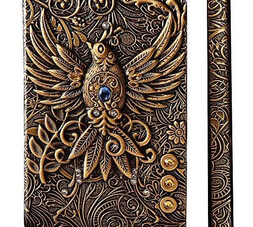 YHH Carnet A5 Ligné Couverture Rigide, Journal Intime Cuir Vintage, Ancien, 200 Pages, Fait Main, Cahier de Voyage Carnet de notes Notebook Calepin, Cadeau Homme Femme 3D Phénix1 Magique, Bronze